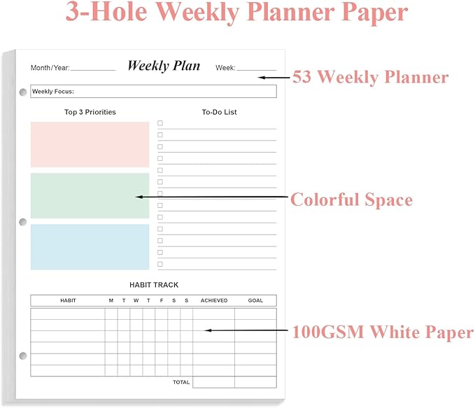 3-Hole Weekly Planner Refills - 53 Sheets/106 Pages Colorful Weekly Planner for 3 Ring Binders, 100 gsm White Paper, Lasts 1 Year, Undated, 8.5'' x 11''