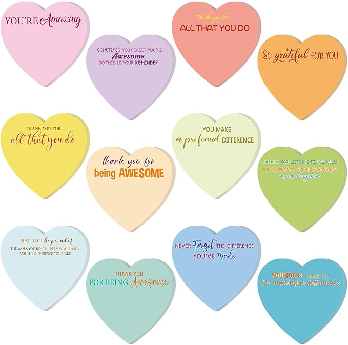 Teling 24 Pack Valentine's Day Sticky Notes Heart Shape Sticky Notes 3 x 3 Inch Thank You Notepads Bulk Cute Memo Pads for Galentines Party Gifts School Office Supplies (Pastel)