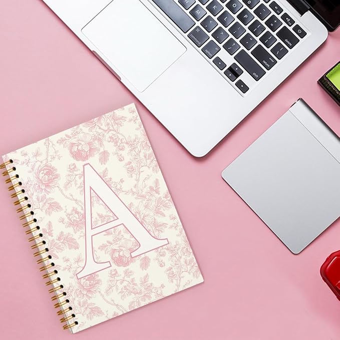Pink Initial Notebook Embroidered A, Teacher Journal,Aesthetic Notebook, Monogrammed Personalized Stationery Gifts for Women,Preppy School Supplies for Girls 5.5x8.3