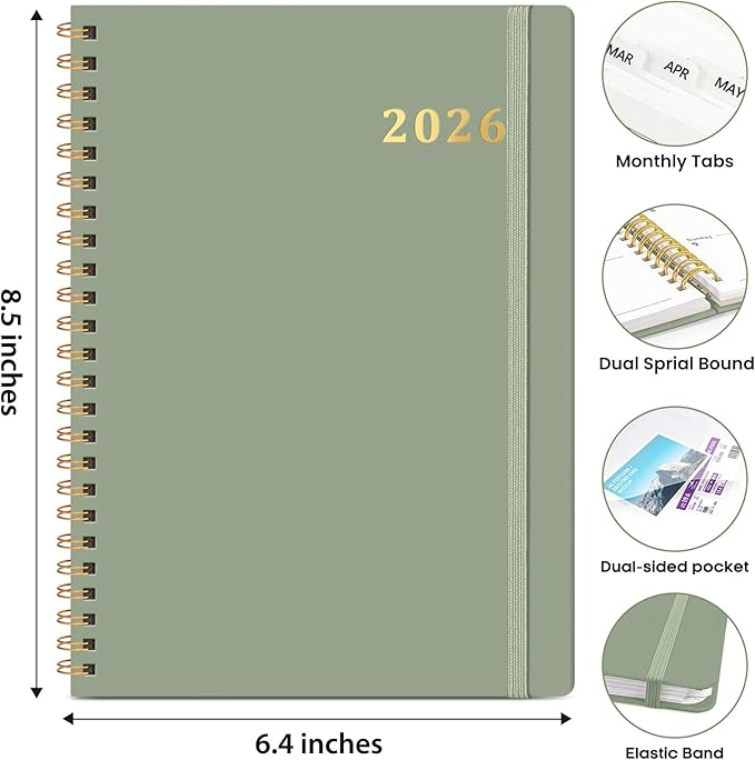 2026 Planner, Weekly and Monthly Calendar Planner Book, January 2026 - December 2026, Hardcover Spiral Planner with Monthly Tabs, Notes Pages, Perfect for Women & Men, A5 (6.4" x 8.5") - Green