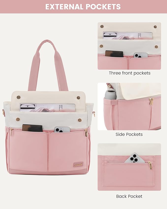 LOVEVOOK Laptop Bag for Women 15.6 Inch Canvas Laptop Large Capacity Work Bags Mutiple Pockets Teacher Bag Water Resistant Computer Bags for Business Travel Nurse, Pink Beige