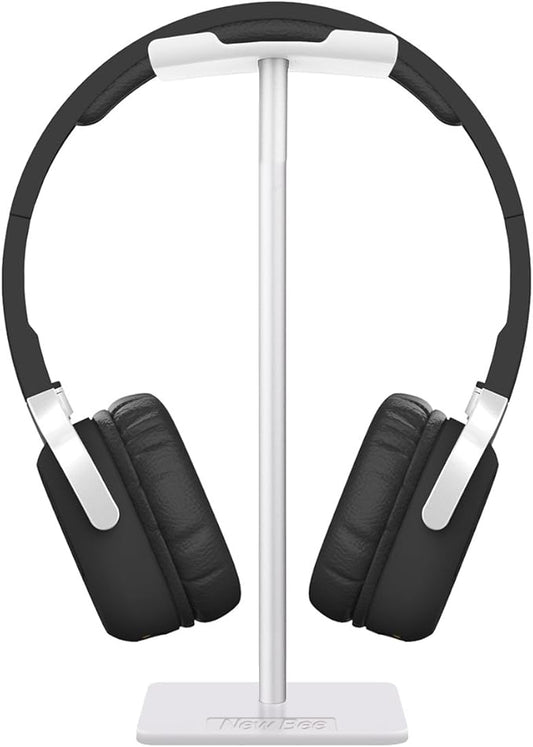 New bee Headphone Stand Headset Holder Earphone Stand with Aluminum Supporting Bar Flexible Headrest ABS Solid Base for All Headphones Size (White)