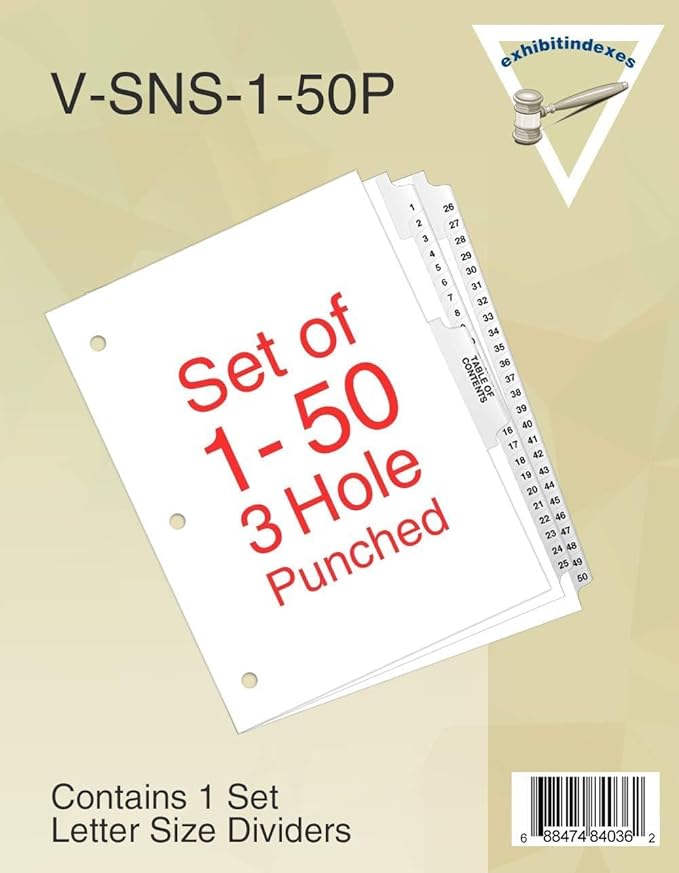 Exhibitindexes® Numbered Dividers 1-50 Punched - AVE Style Bold Tabs - Side Collated Exhibit Tabs - Made in The USA | Letter Size - 1-50 - Sets (Pack of 3)