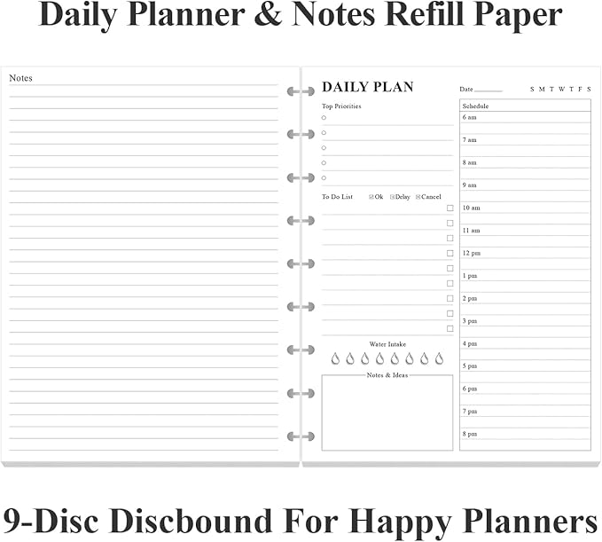 (3-Pack) Classic Size Discbound Daily Planner Refill Paper, 9-Disc Discbound Pre-punched Happy Planners Insert, 300Sheets/600Pages To Do List Planner Refill, 100gsm White Paper, 7" x 9.25"