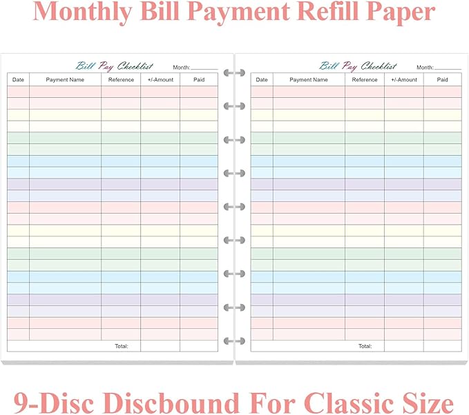 Bill Pay Checklist Refills - 50 Sheets/100 Pages Classic Size Colorful Monthly Budget Forms for 9-Disc Happy Planners, 7"x9.25"