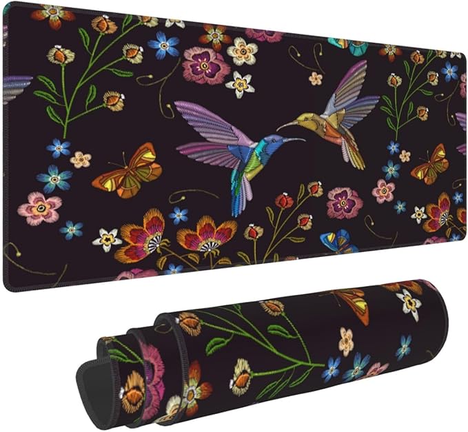 Hummingbird and Tropical Flowers Large Mouse Pad with Stitched Edges Long Non-Slip Rubber Base Mousepad Humming Birds Laptop Keyboard Mat Desk Pad for Office Home Desk Decor, 31.5" X 11.8"