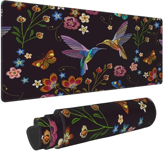 Hummingbird and Tropical Flowers Large Mouse Pad with Stitched Edges Long Non-Slip Rubber Base Mousepad Humming Birds Laptop Keyboard Mat Desk Pad for Office Home Desk Decor, 31.5" X 11.8"