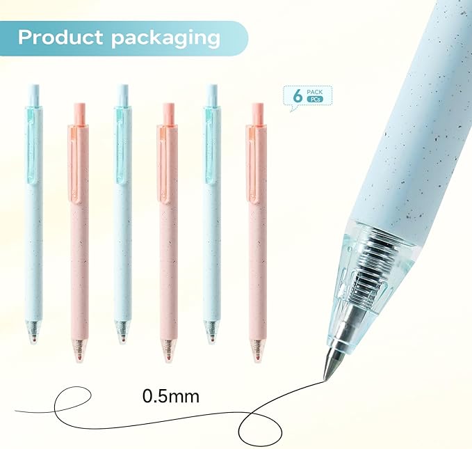 RIANCY Pink pens black ink gel cute pens fine point smooth writing retractable pretty premium 0.5mm blue Black Ink for Women Girls Teachers Office School (6pcs)