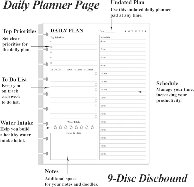 (3-Pack) Classic Size Discbound Daily Planner Refill Paper, 9-Disc Discbound Pre-punched Happy Planners Insert, 300Sheets/600Pages To Do List Planner Refill, 100gsm White Paper, 7" x 9.25"