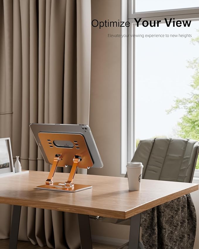 OrlianTablet Stand Holder with Thickened 360°Rotating Base Dual Rod Adjustable Aluminum Stand for All 5.8-12.9” iPad Samsung Phone Tablet Kindle E-Reader and More, Gold