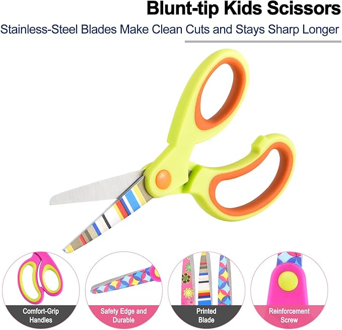 Kids Scissors Set, Safety Children Scissors with Blunt-Tip Floral Print Blade and Soft Grip, Great for DIY, Arts, Home, School Classroom Use, Blue/Purple/Yellow