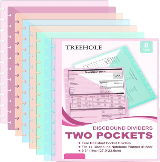 8 PCS Discbound Dividers Letter Size Disc Planner 2 Pocket Fit 8.5" x 11" Paper Disc Notebook with Pockets 11 Disc Folder Disc for Office Home School (8)