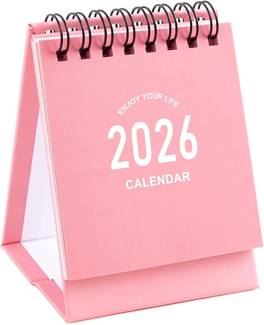 Mini Desk Calendar 2026-2027 - Use January 2026 to June 2027 Small Desktop Calendar Mini Daily Schedule Thick Paper Twin-Wire Binding with Stickers for Home Office School (Mini Pink)