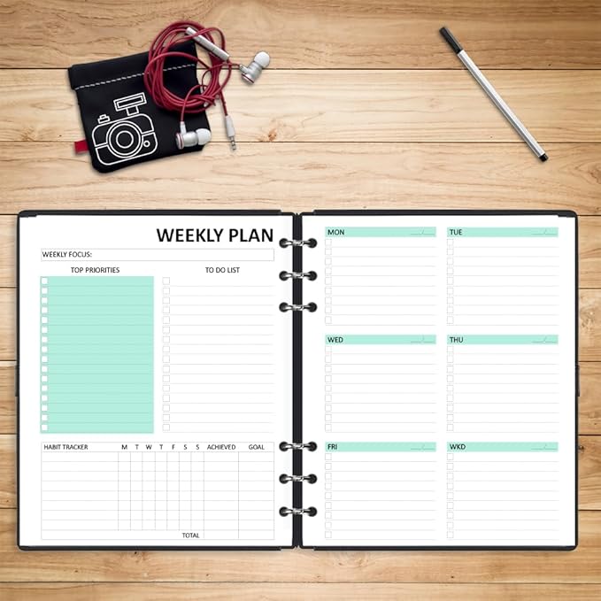 Undated Weekly Planner Refills for A5 Planner Binder - 53 Sheets/106 Pages Undated Colorful Weekly Planner Inserts, 6-Hole Punched, Weekly Plan (Left), Daily Details (Right), A5 Planner Inserts, Lasts 1 Year, Undated, 5.8" x 8.25"