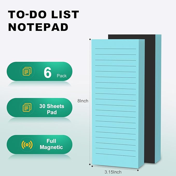 Magnetic Notepads Note Pads for Fridge with Full Magnet Back, 180 Sheets Blue Lined Refrigerator Notepad, 30 Sheets Per Pad for Grocery List, Shopping List, Office, Home, To-Do Lists & Memos