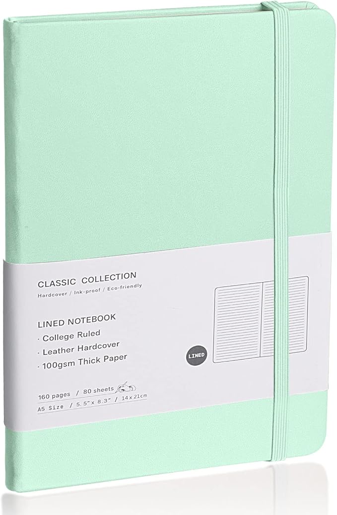 Lined Journal Notebook – Hardcover Notebook for Men & Women – Journals for Writing, Work, School, Home & Daily Notes, 160 Pages – Medium A5, 5.7"x8", 100 gsm Thick Paper (Eggshell Green)