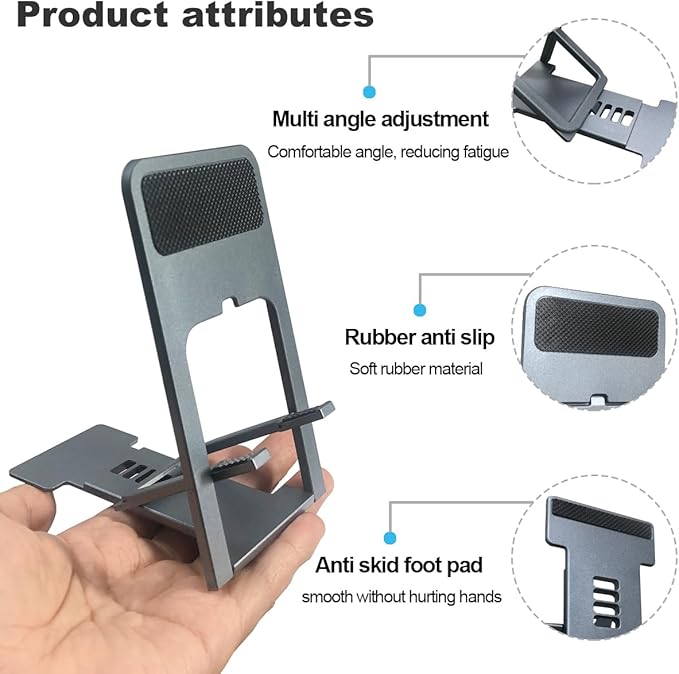 POQOD Ultrathin Cell Phone Stand for Desk, Fully Foldable Phone Holder for Desk Compatible with iPhone 16 15 14 13 12 11, Nintendo Switch, All Phones, (Grey)
