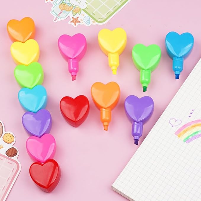 Set of 6 Love Heart Shape Color Highlighter Markers with 1 Red Heart Cap, Multicolor Highlighter Pens for Office.