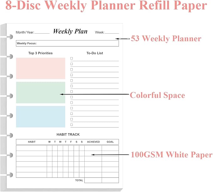 Weekly Planner Undated Refills - Junior Size 53 Sheets/106 Pages Colorful Weekly Planner for 8-Disc Discbound, 100 gsm White Paper, Lasts 1 Year, Undated, 5.8" x 8.3"