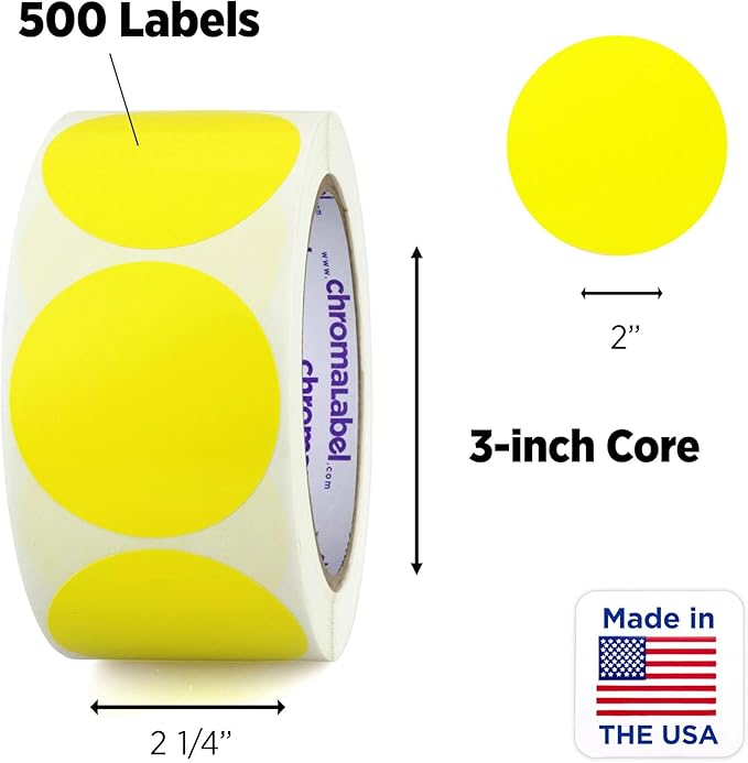 ChromaLabel 2 Inch Round Label Removable Color Code Dot Stickers, Inventory Label, 500 Labels per Roll, Yellow