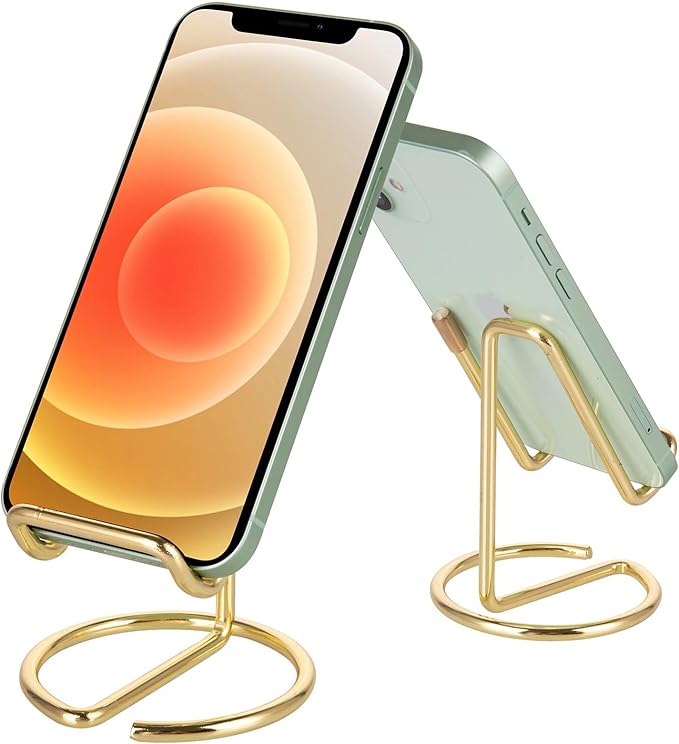 2 Pack Cell Phone Stand for Desk, Cute Metal Gold Cell Phone Stand Holder Desk Accessories, Compatible with All Mobile Phones, iPhone, iPad