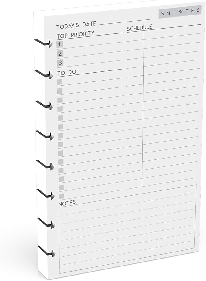 Discbound Undated Daily Plan Paper Refill, 120 GSM, 100 Sheets (200 Pages/Days), 8 Disc Pre-Punched Inserts, Loose Leaf, White, 5.5 inch x 8.5 Inch, Daily To-Do, Notes, and Scheduling