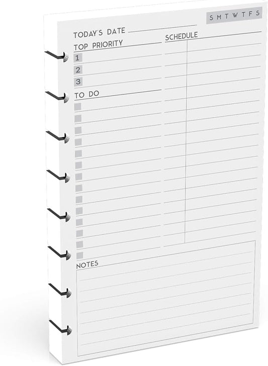 Discbound Undated Daily Plan Paper Refill, 120 GSM, 100 Sheets (200 Pages/Days), 8 Disc Pre-Punched Inserts, Loose Leaf, White, 5.5 inch x 8.5 Inch, Daily To-Do, Notes, and Scheduling
