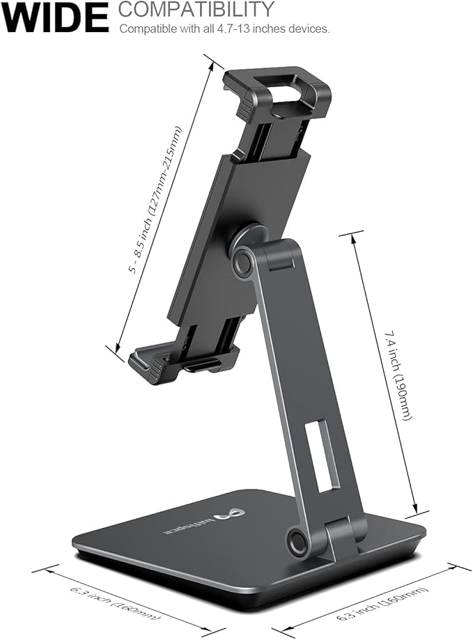 iPad Holder Stand, Heavy Aluminum Alloy Multi-Angle Foldable Tablet Stand Holder for 4.7''- 13'' Screen Surface Pro Series, iPad Series, Pro, Mini, Air, Samsung Galaxy Tabs and More (Dark Grey)