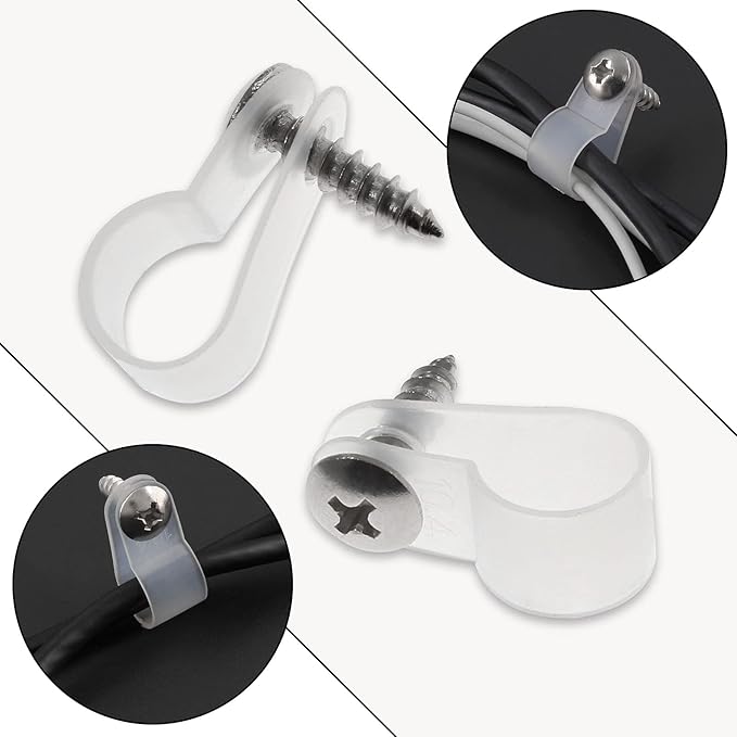 50Pcs 3/8 Inch Rope Light P-Style Clips with Screws, Cable Clip Wire Clamp Cable Organizer Cord Holder for Wire Management