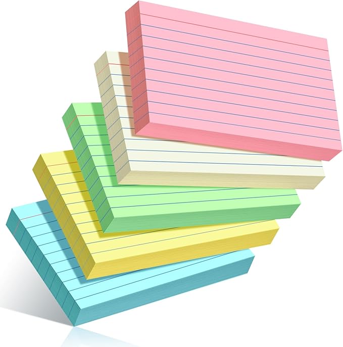250 Count Colored Index Cards 3 x 5, Heavy Note Cards, Flash Cards College Ruled for School, College, Office and Home Organization, Durable Study To Do List Note Cards with Ruled Lines