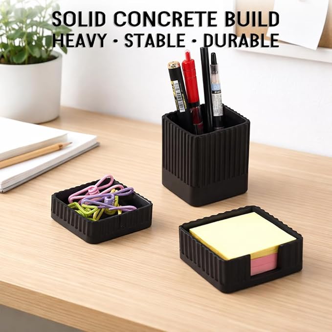 Aesthetic Concrete Desk Organizer Set of 3 - Stylish & Durable Office Accessories - Includes Pen Holder, Paperclip Storage, and Sticky Note Holder for a Clean, Modern Workspace (Black)