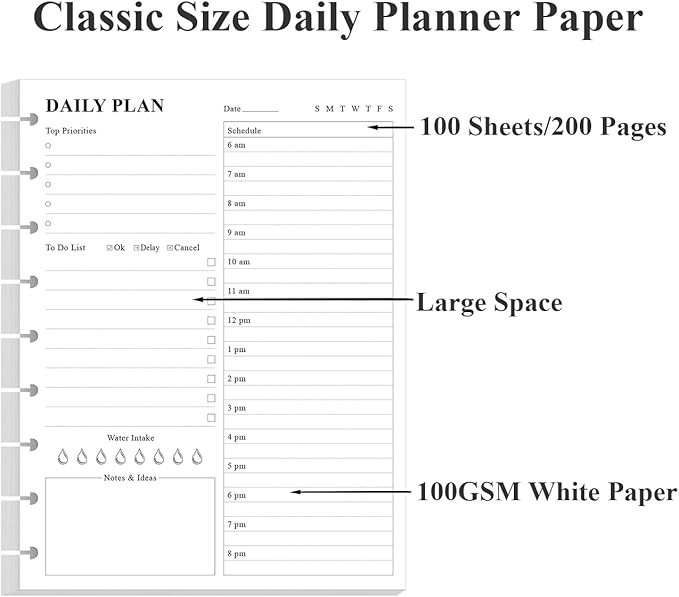 (3-Pack) Classic Size Discbound Daily Planner Refill Paper, 9-Disc Discbound Pre-punched Happy Planners Insert, 300Sheets/600Pages To Do List Planner Refill, 100gsm White Paper, 7" x 9.25"