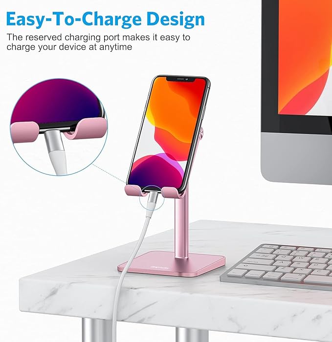 Cell Phone Stand, OMOTON Adjustable Angle Height Desk Phone Dock Holder for iPhone Air/17 Pro Max/XS Max/XR, Samsung Galaxy S20 / S10 / S9 / S8 and Other Phones (3.5-7.0-Inch), Rose Gold