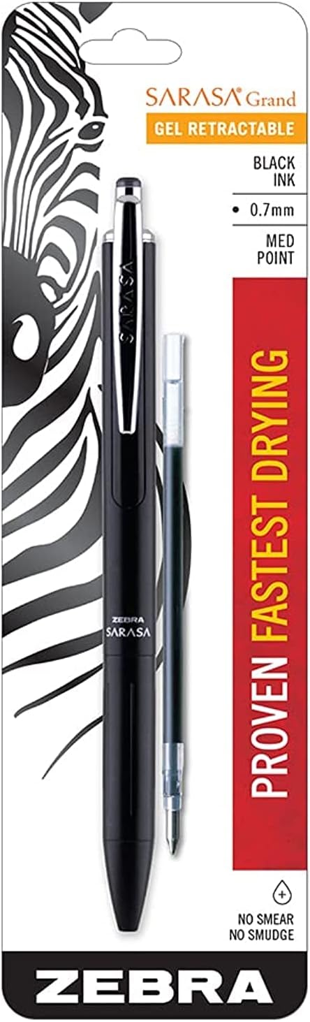 Zebra Pen Sarasa Grand Retractable Gel Pen with Ink Refill, Black Barrel, Medium Point, 0.7mm, Black Ink, 1-Pack (91201)