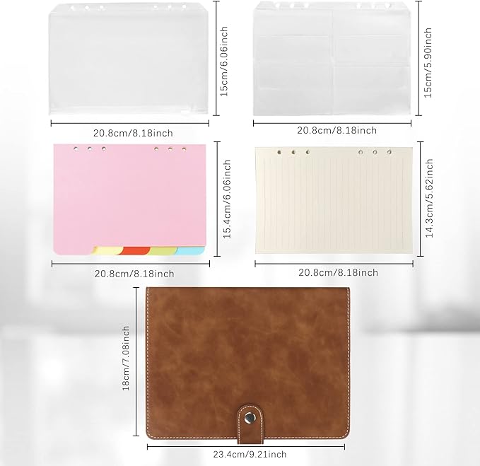 FYY A5 Binder Refillable Planner Notebook 6 Ring PU Leather Binder Journal with Pockets, Dividers, Refill Paper Brown