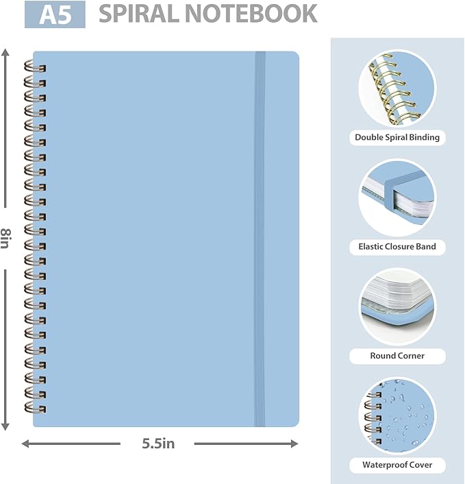 VALOME Journaling Notebooks, A5 Lined Spiral Notebook for Women & Men, 146 Pages College Ruled Hardcover Note Book for Work, Note Taking, Journaling, School, Writing (Blue)
