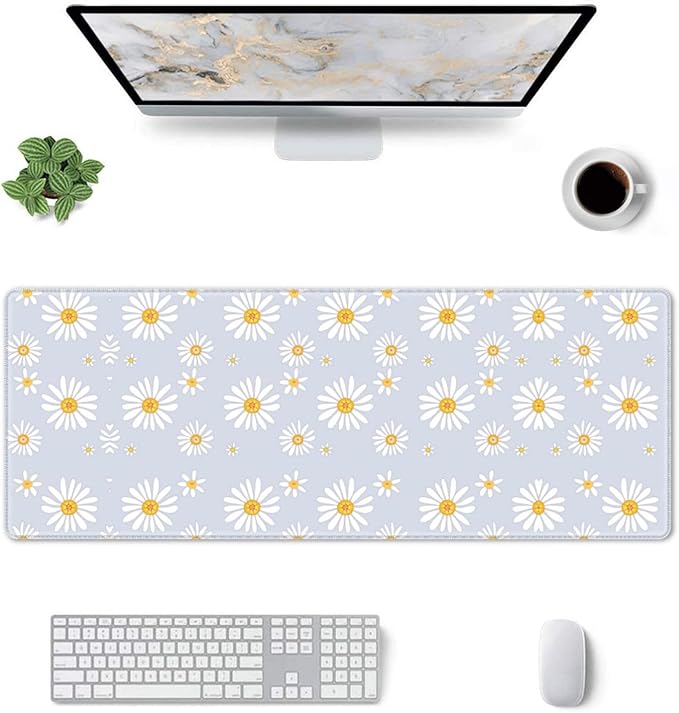 Daisy Flowers Large Mouse Pad with Stitched Edges Long Non-Slip Rubber Base Mousepad Laptop Keyboard Mat Desk Pad for Office Home Desk Decor, 31.5" X 11.8"