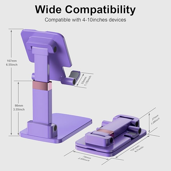 Phone Stand for Desk, Cell Phone Holder Adjustable Cellphone Stand for Desk Height Angle Adjustable Stands, Anti-Slip Base, Compact Design for iPhone Android Devices (Purple, 2Pack)