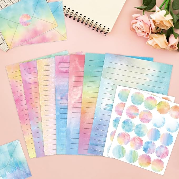 160 Packs Stationery Paper Set (50 Single-Sided Stationery Writing Papers 50 Matching Envelopes) 60 Round Dot Sticker, 10 Design Colorful Letter Paper Stationary Stes,5.5 x 8.25 Inch. (Watercolor)
