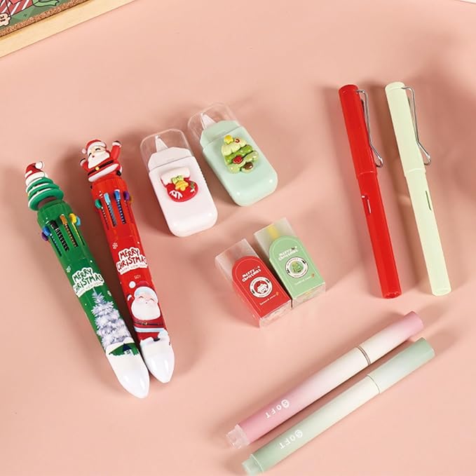 6 Pcs Cute Christmas Stationery Set for Girls Boys Women Men Xmas School Supplies Office Supplies Including Gel Ink Pens Ballpoint Pens Pencil Eraser Christmas Gift (Xmas-Red)