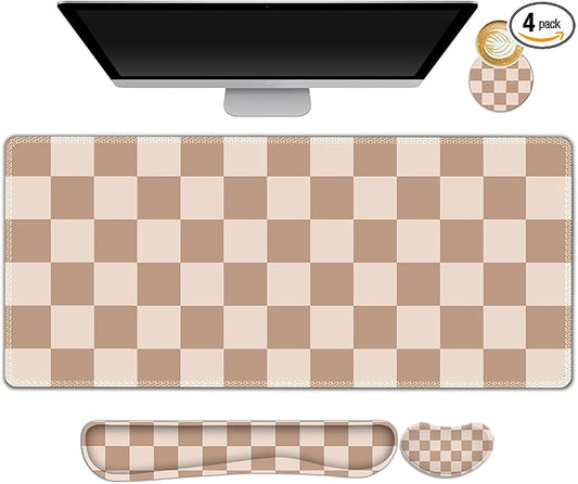 Beige Khaki Checkered Mouse Pad Set, 4 in1 Large Gaming Ergonomics Keyboard Desk Mat with Memory Foam Wrist Rest, Extended Game Mousepad, Non-Slip Desk Pad Matt Easy Typing Pain Relief