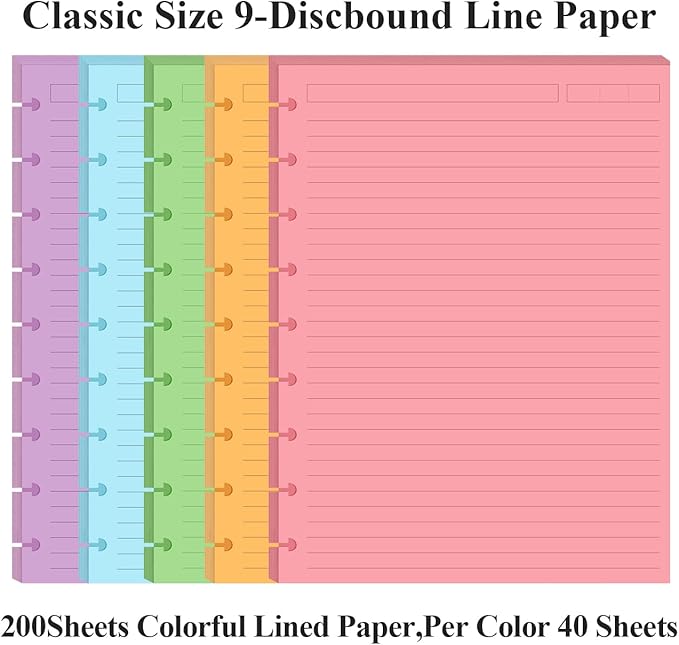 (2-Pack) 9-Disc Discbound 5 Colorful Line Paper Pre-punched Happy Planners Inserts, 200Sheets/400Pages Classic Size Line Loose-Leaf Paper, Per Color 40 Sheets, 7" x 9.25"