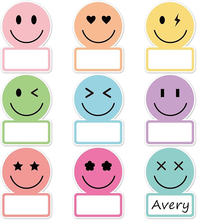 Whaline 135Pcs Pastel Smile Face Name Tag Stickers 9 Designs Nameplate Stickers Cute Classroom Bulletin Board Decoration Label Decal for Office Desk Wall Decor
