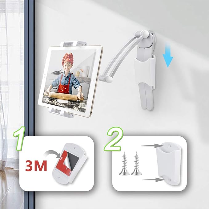 AYADA Kitchen Cabinet Tablet Holder, 2 in 1 Wall Mount Desktop Stand for ipad 12.9 Aluminum Alloy Metal Adjustable Multiangle Foldable Universal Phone Tablet Bracket Cooking Table Counter Top (Silver)