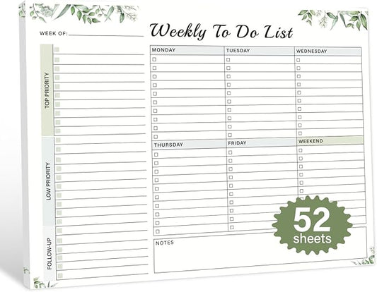 Weekly To Do List Notepad - 52 Undated Glue Bound Tear-Off Sheets (8.5"x11") for Desk Planning | Home, Work & School Organization Pad for Women & Men (Green)