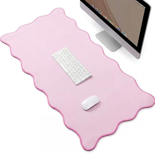 Scalloped Desk Mat Large Scalloped Piping Cute Desk Mat Aesthetic Preppy Table Pad Large Nonslip Pad with Edge Stitching Waterproof Gaming(Pink,36 x 17 Inches)