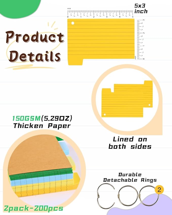 Tabbed Index Cards with Ring 3x5, Lined Colored Flash Card with Tabs, Assorted Colors Thicken Notecards School Supplies for Students Study Note Office Essentials (ColorA+ColorB, 200PCS)