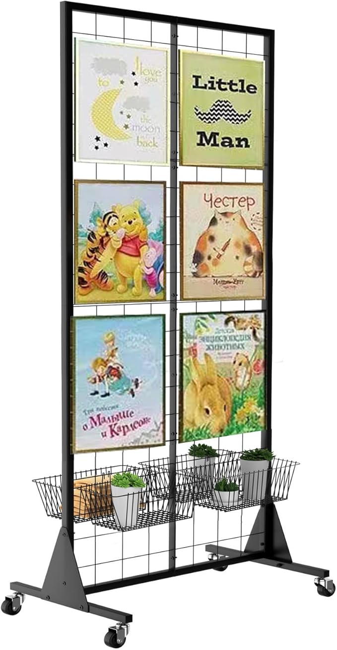 Gridwall Panel Display Stand, 2'x5.5' Heavy Duty Floor Standing Rack with Detachable Girdwall, Movable Silent Wheel, Easy to Transport, Ideal for Retail & Craft Fairs