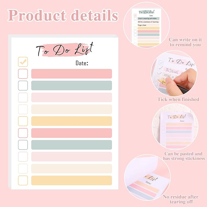 4 Packs to Do List Notepad, 200 Sheets Daily to Do List Sticky Notes 4x6Inches Memo Pad Pastel Candy Color Portable Planner for Coworkers Funny Office Gifts