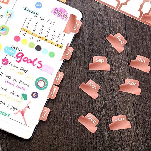 Outus 24 Pieces Monthly Adhesive Tabs for Planner - Designer Accessories Monthly Tabs Stickers Decorative for Office Planners Organizations Sturdy Notebook Planners Journal(Rose Gold)